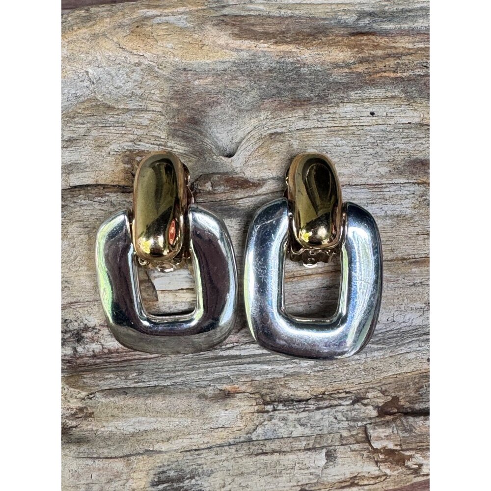 Vintage Givenchy Two-Tone Clip-On Earrings Gold & Silver Geometric Design